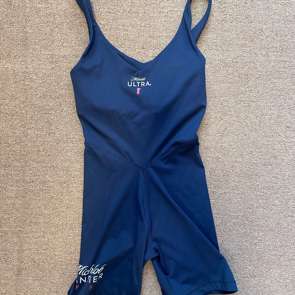Michelob Ultra/Bandier Blue one piece short Cat Suit, pilates workout outfit, XS